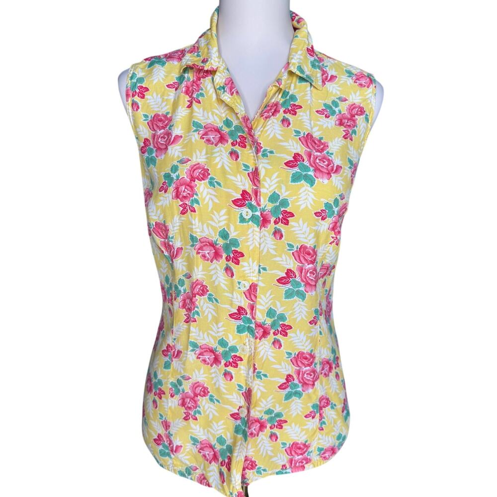 Vintage Liz Claiborne Yellow Floral Sleeveless Button Blouse Size Medium Summer